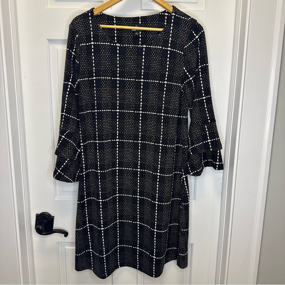 Ronni Nicole Black and White Grid‎ Long Sleeve Dress